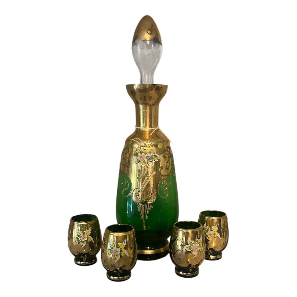 Vintage Bohemian Emerald Green & Gold Glass Cordial Decanter Set of 4